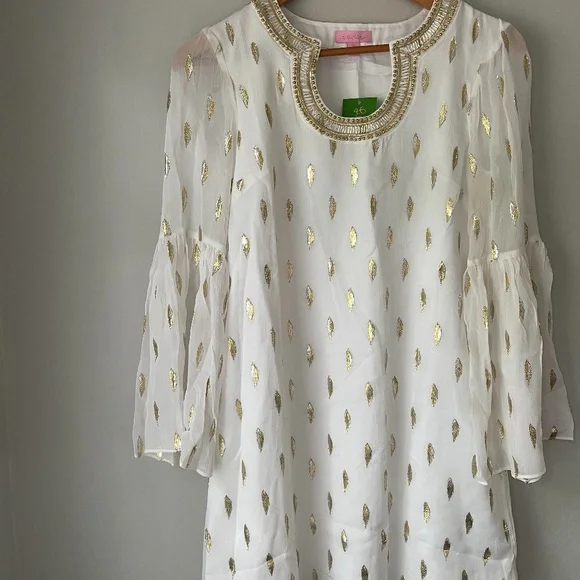 Lilly Pulitzer Amory White Diamond Metallic Gold Clip Silk Tunic Dress